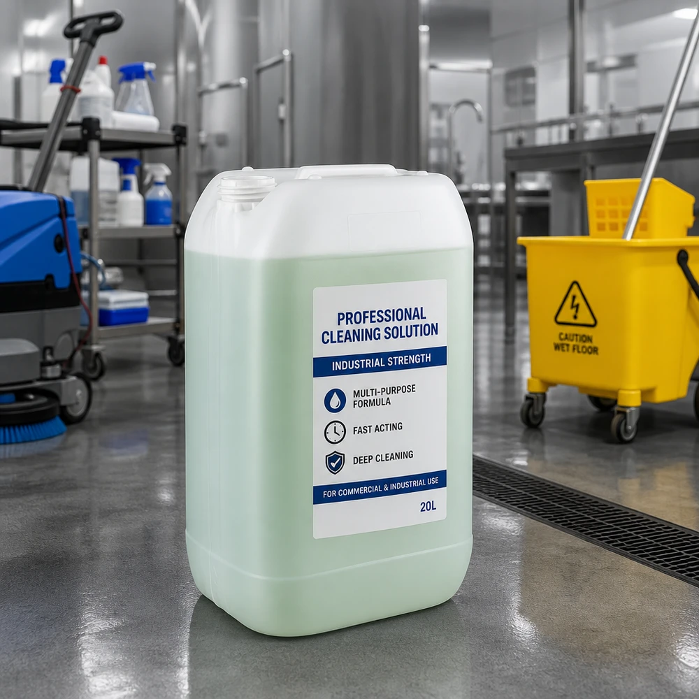 Bidón industrial de 15 litros de color verde claro, sin tapón, con una etiqueta que indica «Solución de limpieza profesional» en el suelo de la nave.