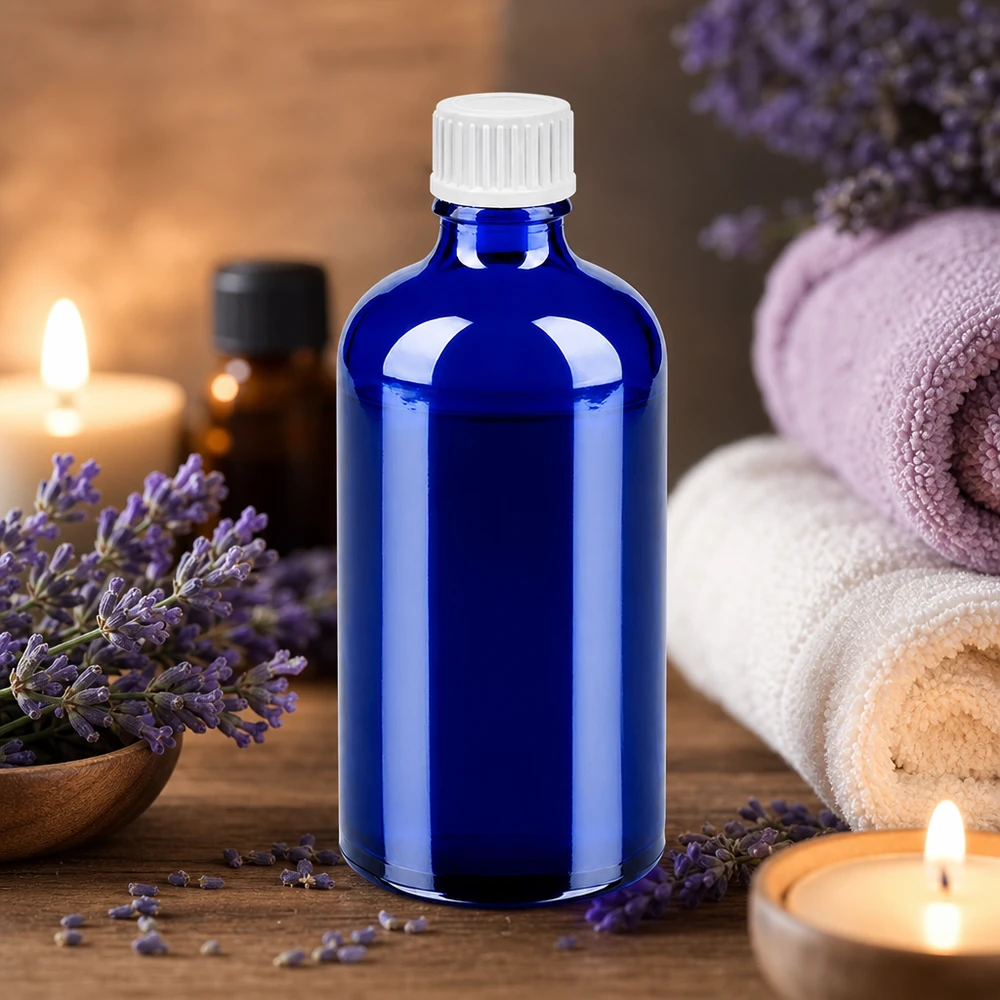Frasco cuentagotas de 100 ml con cierre estándar blanco de 0,9 mm BlueLine UT18/100 Frasco cuentagotas de 100 ml de vidrio azul de alta calidad con tapón estándar blanco BlueLine UT18/100