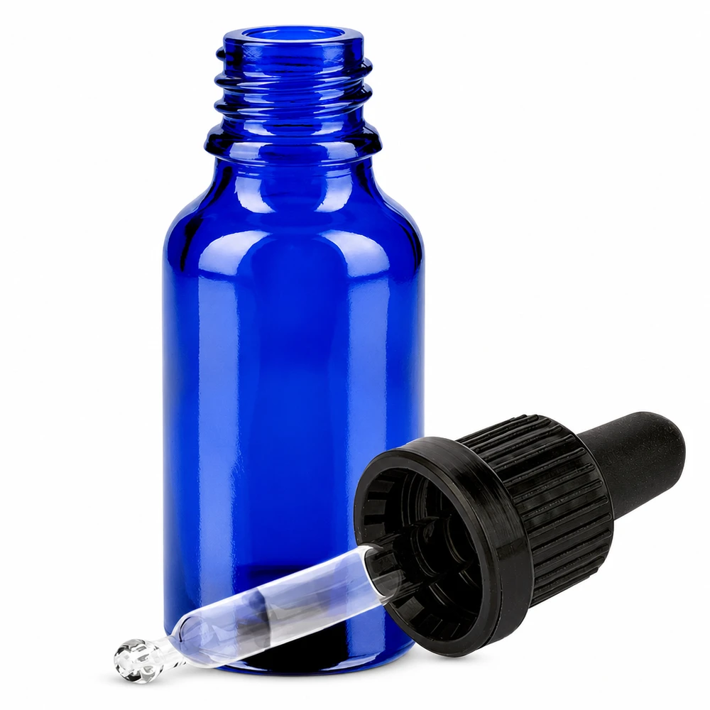 Frasco pipeta 20ml cierre inviolable negro BlueLine UT18/20 Frasco de vidrio azul de 20 ml con pipeta cuentagotas y tapón negro para aceites esenciales y cosméticos