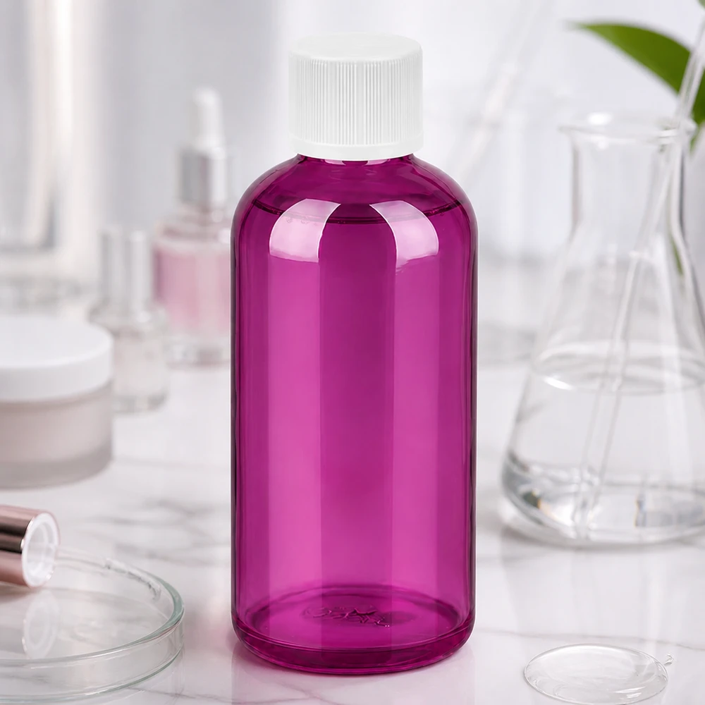 Botella de 100ml 11mm tapón de rosca blanco estándar a prueba de niños PurpleLine. UT18/100 Pequeña botella de 100 ml en elegante violeta con práctico tapón de rosca para aplicaciones móviles
