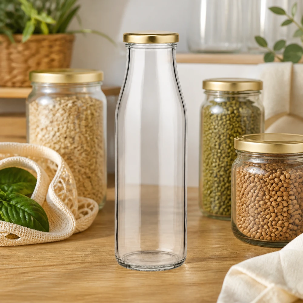 Botella de vidrio de 500ml + tapa BasicSeal dorada UNiTWIST 500ml Glasflasche BasicSeal gold in moderner Küche zwischen Vorratsgläsern mit Hülsenfrüchten Zero Waste Lifestyle