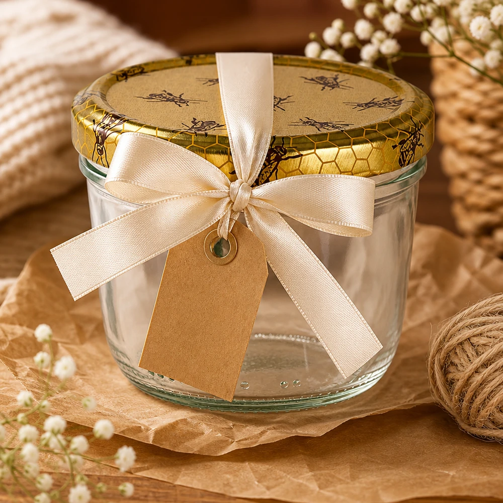 Tarro de cristal vacío de 230 ml con tapa de nido de abeja de regalo decorado con un lazo y una etiqueta de color crema
