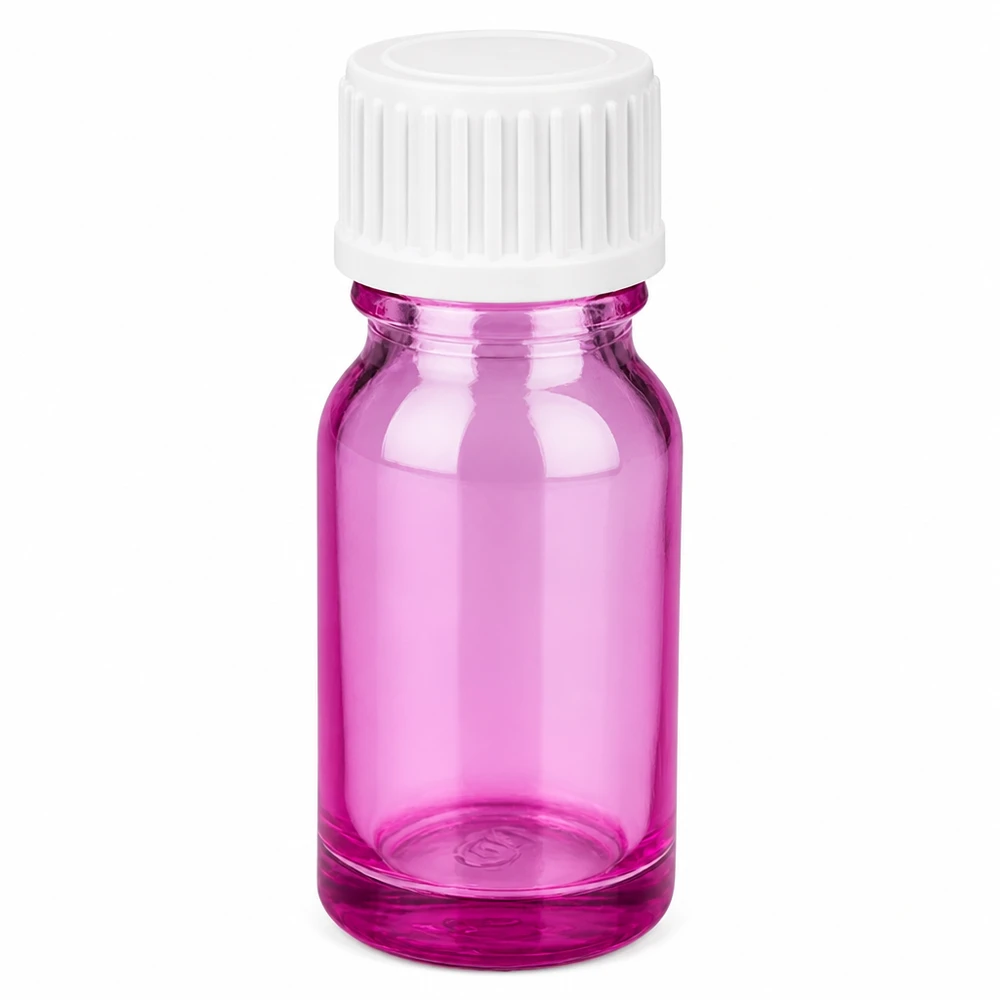 Frasco de 10 ml (glóbulo). Anillo vertedor de 3 mm blanco estándar PurpleLine. UT18/10 Frasco de vidrio de 10 ml de color morado con tapón de rosca blanco para aceites esenciales y cosméticos