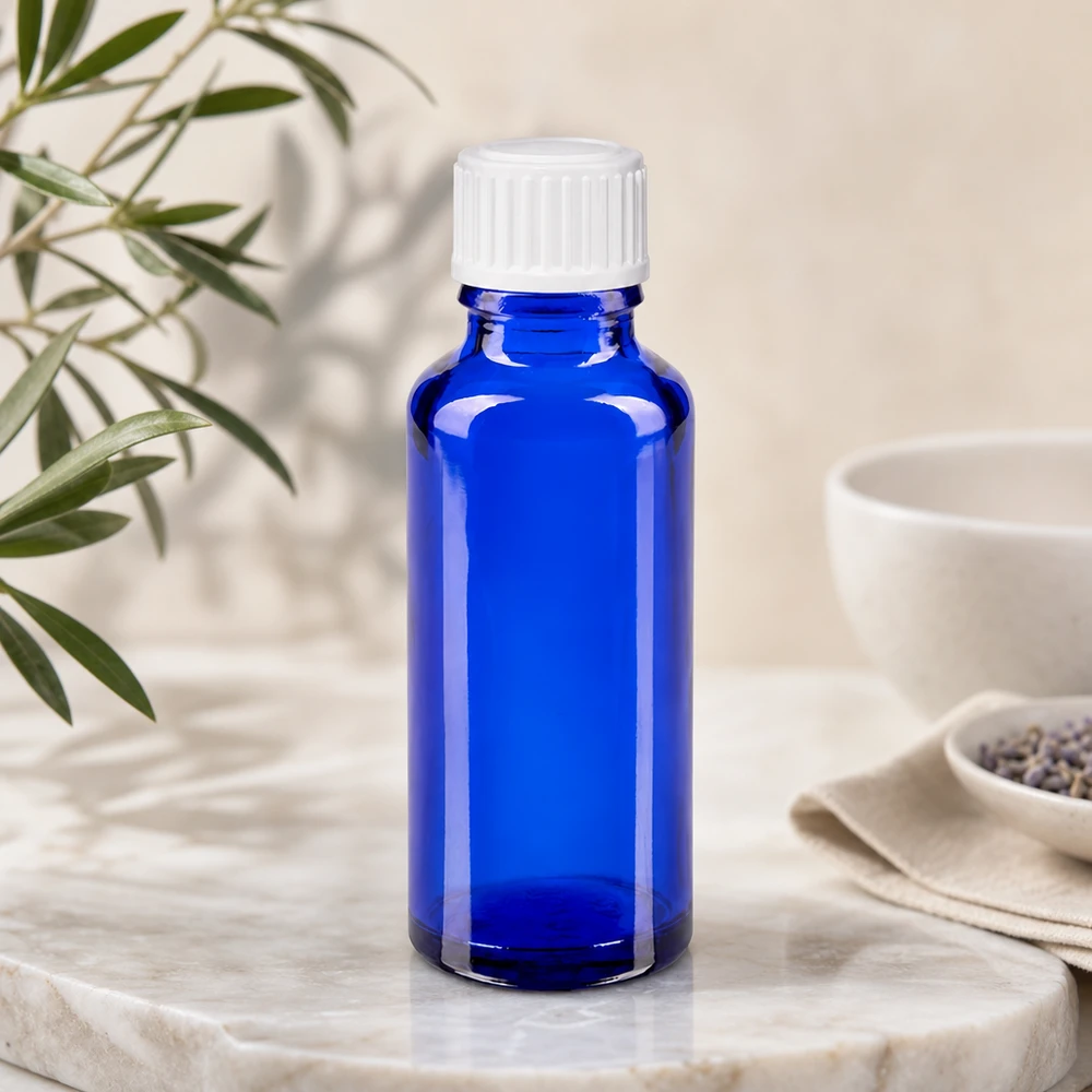 Botella de farmacia azul 30ml tapón rosca blanco estándar Frasco cilíndrico de farmacia de 30 ml en color azul cobalto con tapón estándar blanco de 11 mm