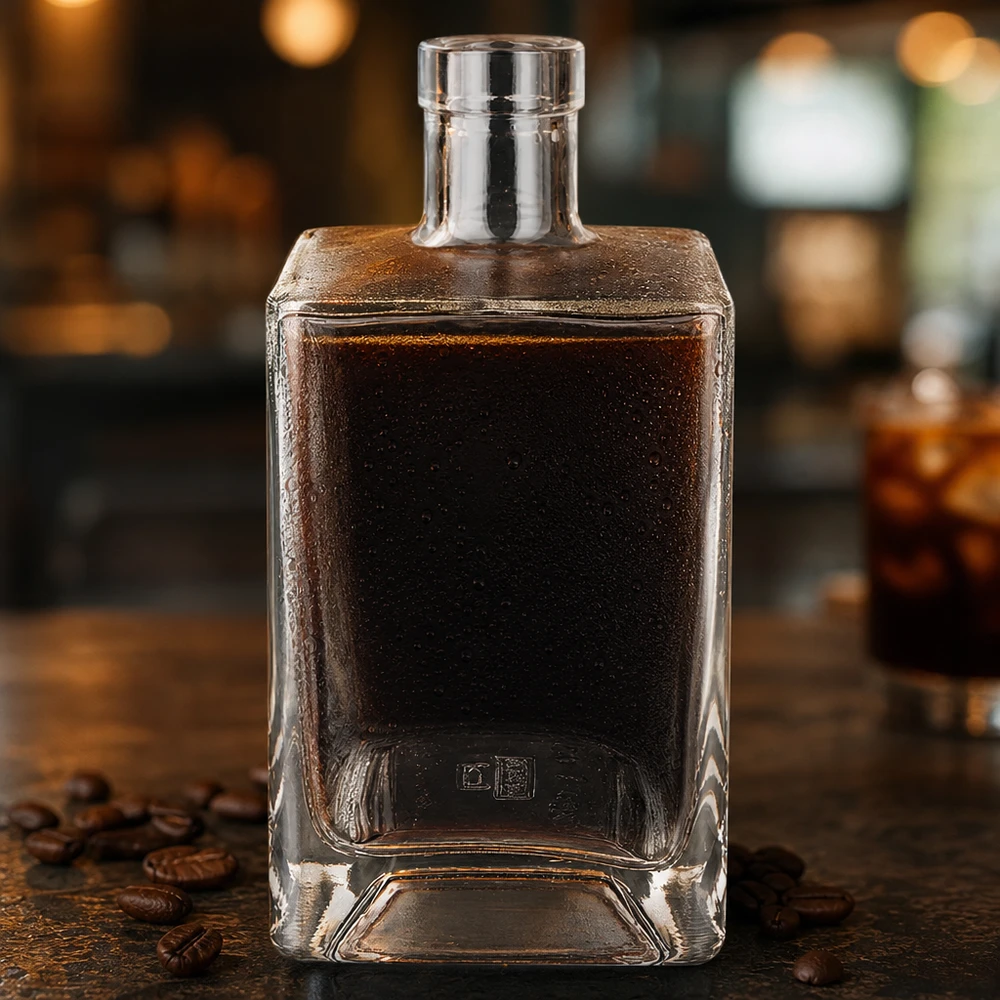 Botella de cristal de 700 ml de Ben llena de licor de café oscuro sobre una mesa de madera rústica con ambiente de barra de café en grano