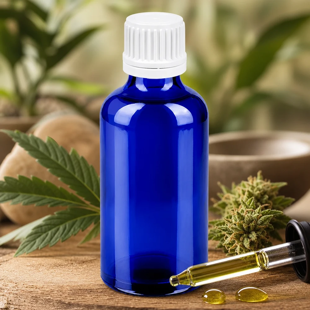 Frasco de cristal azul de 50 ml con pipeta cuentagotas para dosificar con precisión extractos naturales y tinturas