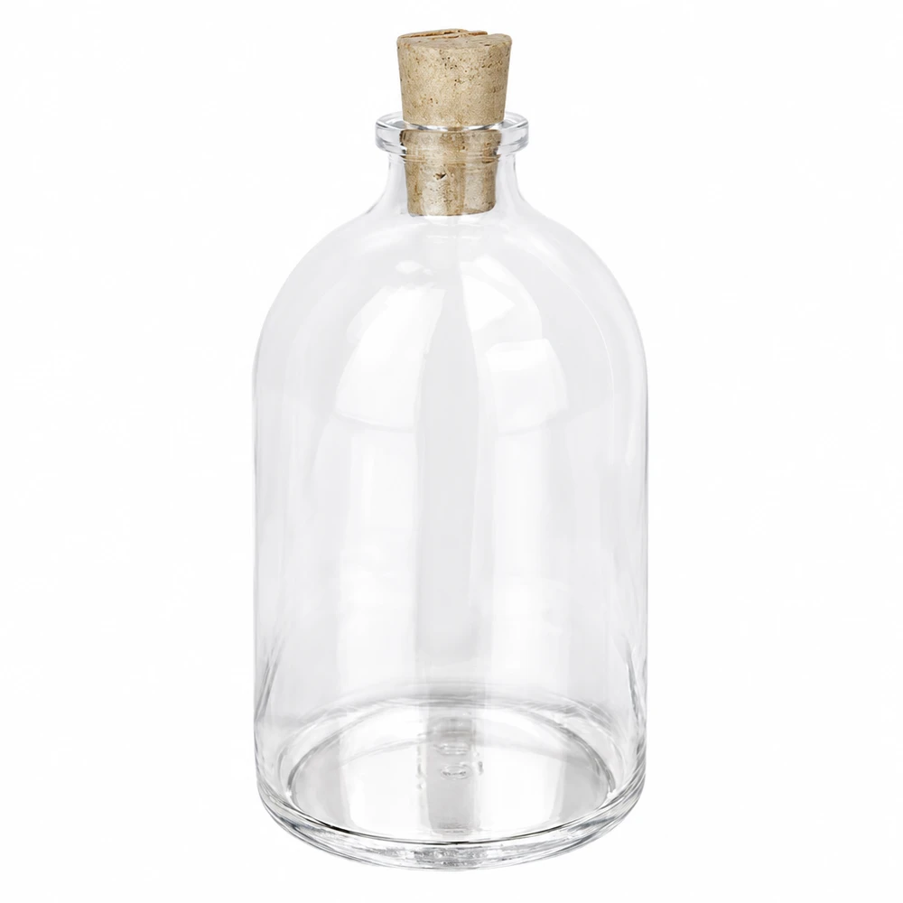 Botella de vidrio transparente, 100ml, con corcho 11/14mm Glasflasche 100ml Klarglas mit Naturkorken 11/14mm bauchige Form mit schmalem Hals