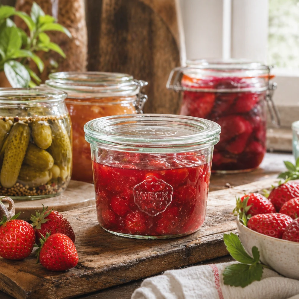 Tarro WECK 80ml RR60 relleno de mermelada de fresa sobre una tabla de madera rústica con fresas frescas y tarros de conserva