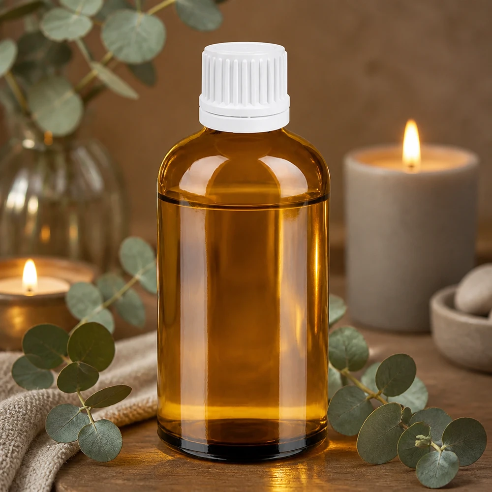 Frasco de vidrio marrón de 100 ml con tapón de rosca blanco para aceites esenciales y aromaterapia