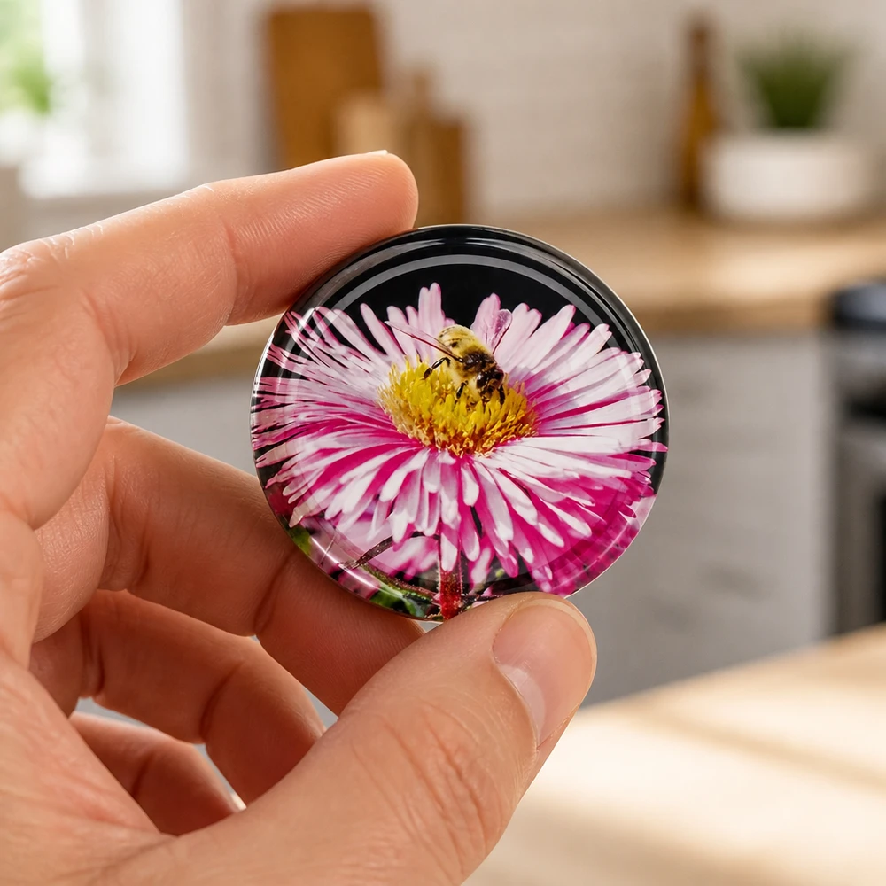 Primer plano de una tapa BasicSeal de 82 mm, modelo «Blüte TO82», con un áster rosa y una abeja sobre fondo negro