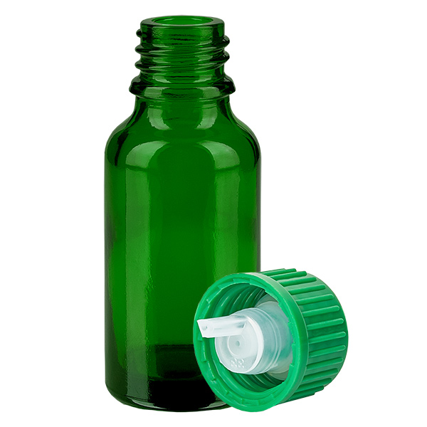 Frasco cuentagotas de 20 ml 0,8 mm verde Cierre estándar GreenLine UT18/20 Frasco cuentagotas de 20 ml 0,8 mm verde Cierre estándar GreenLine UT18/20