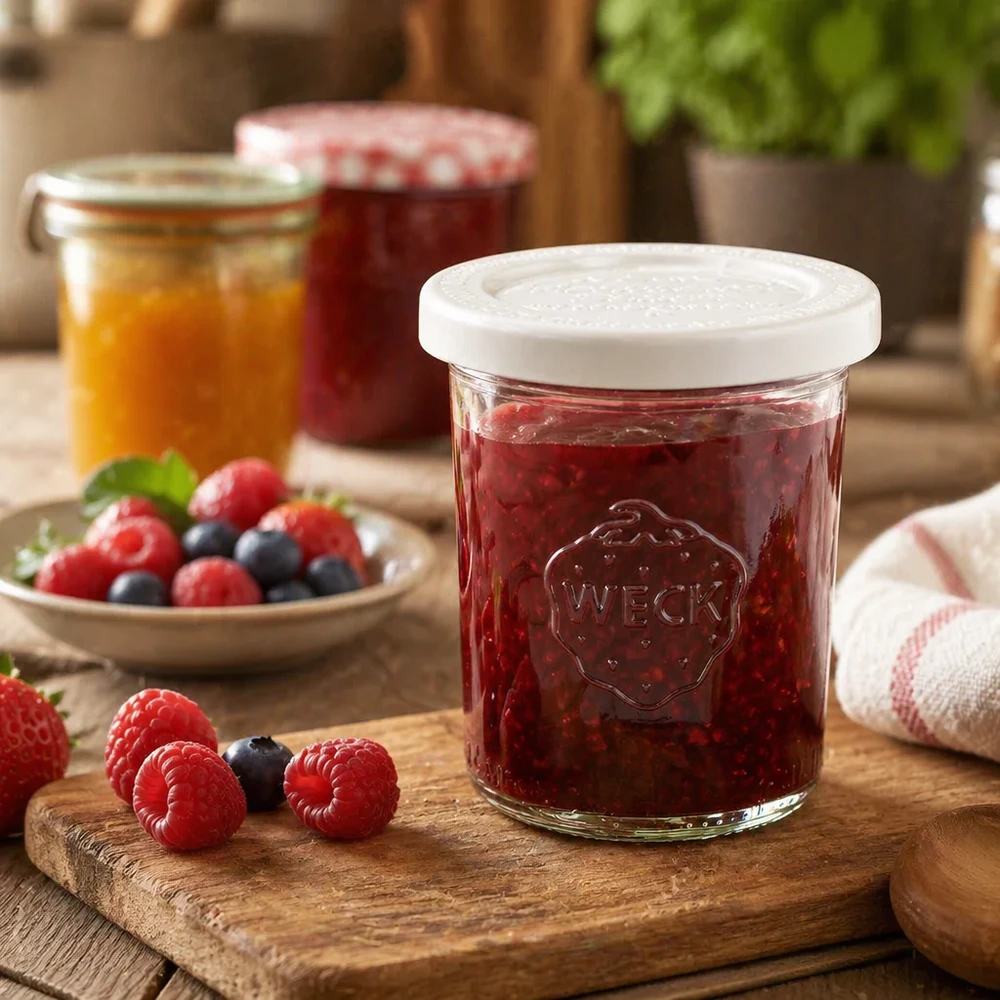 WECK 160ml RR60 mason jar lleno de mermelada de bayas rojas sobre una tabla de madera junto a frambuesas y arándanos frescos.