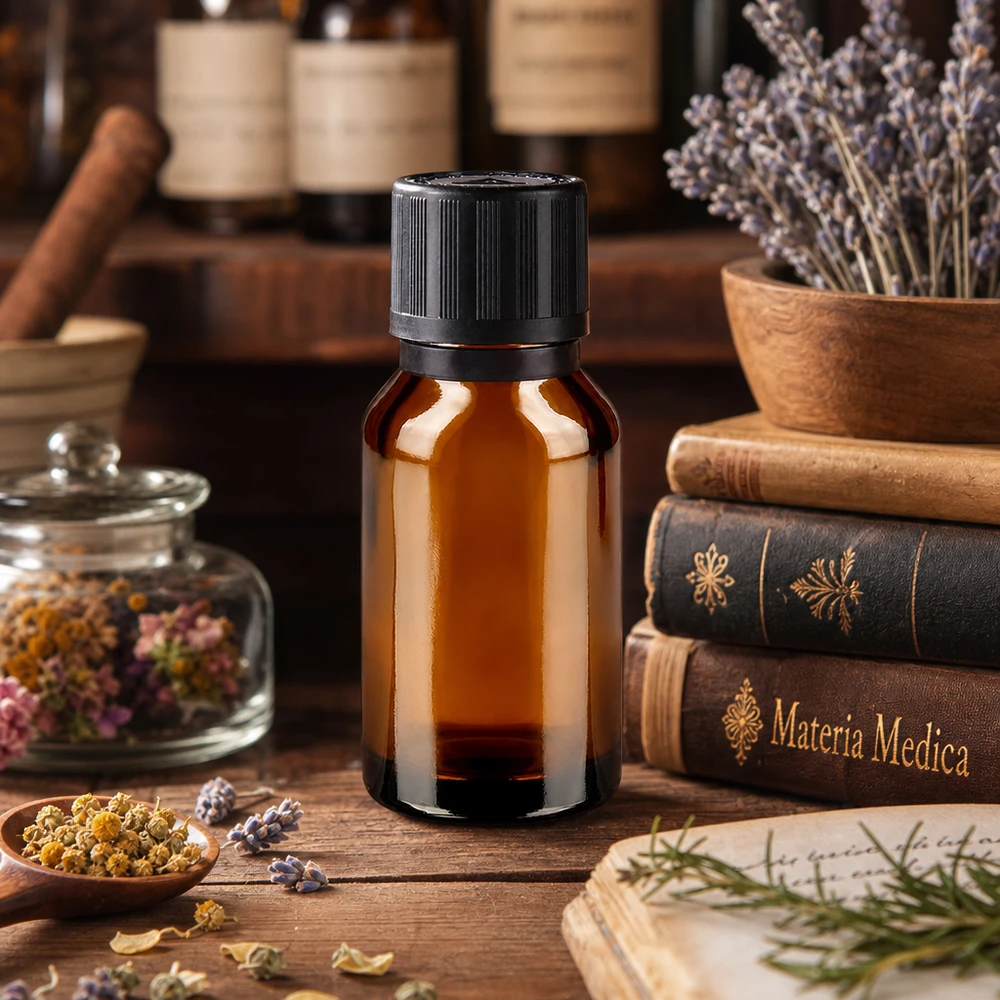 Frasco de farmacia de vidrio ámbar de 15 ml con gotero de precisión sobre una mesa rústica de madera, junto a libros de Materia Médica