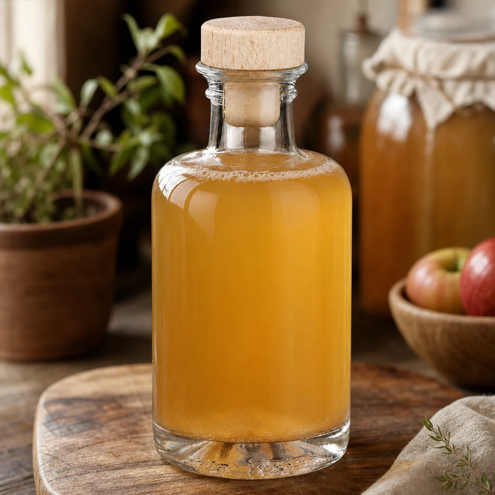 Botella de farmacia de 100 ml «Sofia» con tapón de corcho con asa de madera UNiTWIST® 100ml Glasflasche Sofia mit Holzkorken gefüllt mit Apfelsaft neben Äpfeln in warmer Küchen-Atmosphäre Lifestyle