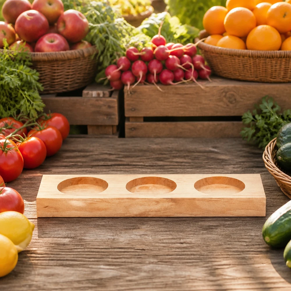 Plano3 tabla de madera para servir entre frutas y verduras frescas en una mesa de madera rústica al estilo de un mercado de agricultores