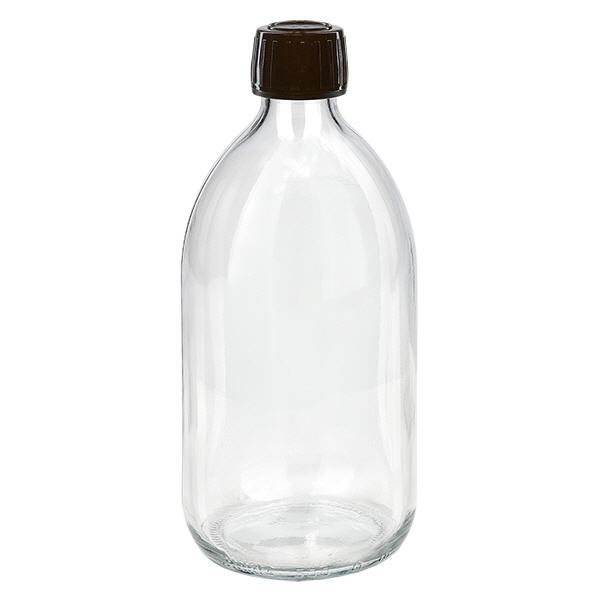 Frasco medicamento 500ml transparente, tapón marrón con precinto de seguridad ApoGlas Frasco medicamento 500ml transparente, tapón marrón con precinto de seguridad ApoGlas