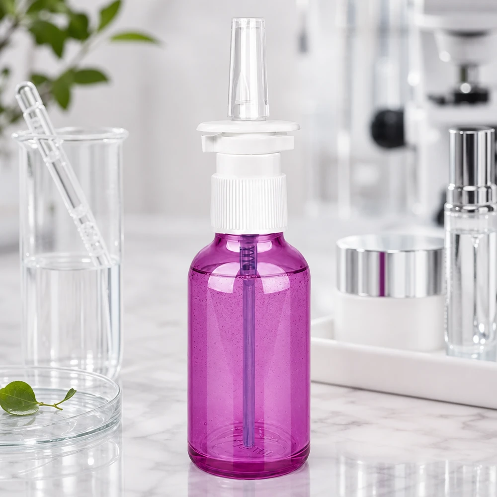 Frasco compacto de spray nasal de 30 ml fabricado en plástico transparente con un moderno diseño morado para uso diario