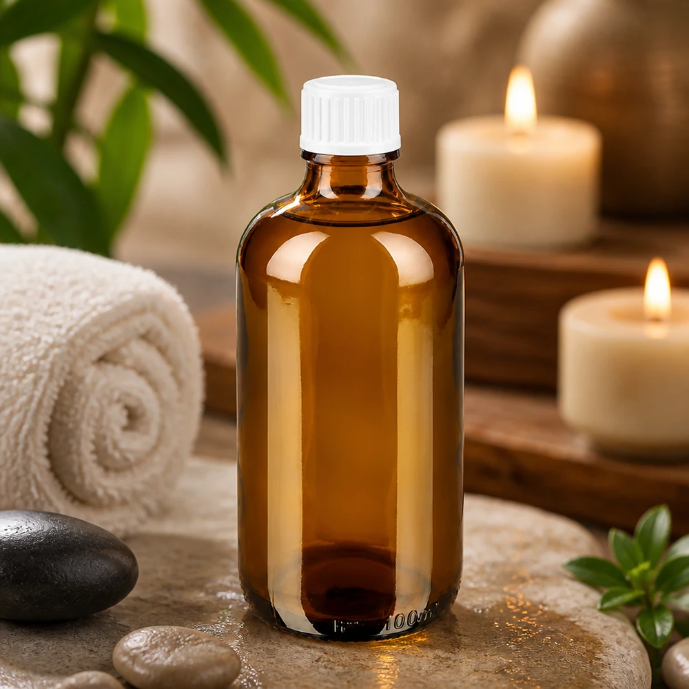 Botella de farmacia marrón 100ml tapón rosca blanco estándar Frasco de farmacia de 100 ml de color ámbar con tapón de rosca blanco, con un diseño inspirado en un spa