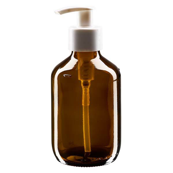 Frasco para medicamentos de 200ml marrón, con bomba dispensadora blanca ApoGlas Frasco para medicamentos de 200ml marrón, con bomba dispensadora blanca ApoGlas