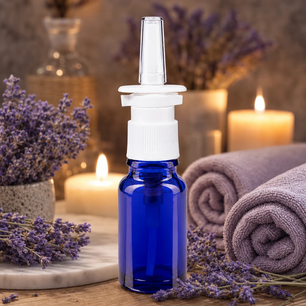 Botella de farmacia azul 10ml spray nasal blanco estándar Frasco de spray nasal de 10 ml de color azul cobalto con mecanismo de dosificación blanco, con un fondo de ambiente de spa de lavanda