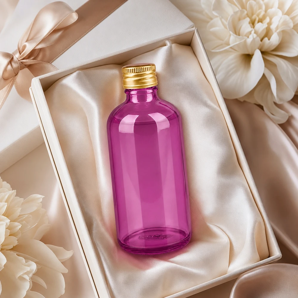 Frasco de 100 ml con tapón de rosca de 11 mm de aluminio estándar dorado PurpleLine. UT18/100 Botella de cristal morado de 100 ml con tapón dorado en elegante envase de regalo con cinta de raso