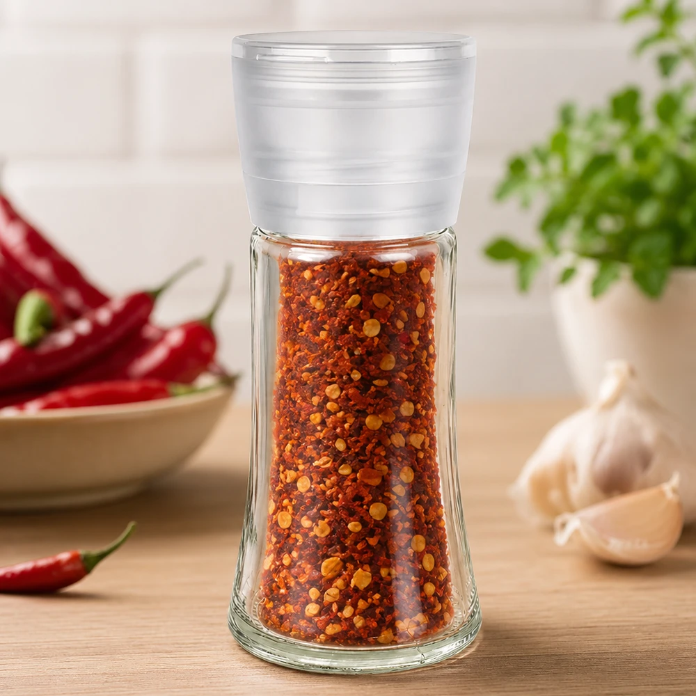 Molinillo de especias de cristal de 95 ml con tapa de plástico blanco, lleno de chile en polvo, sobre una base de madera