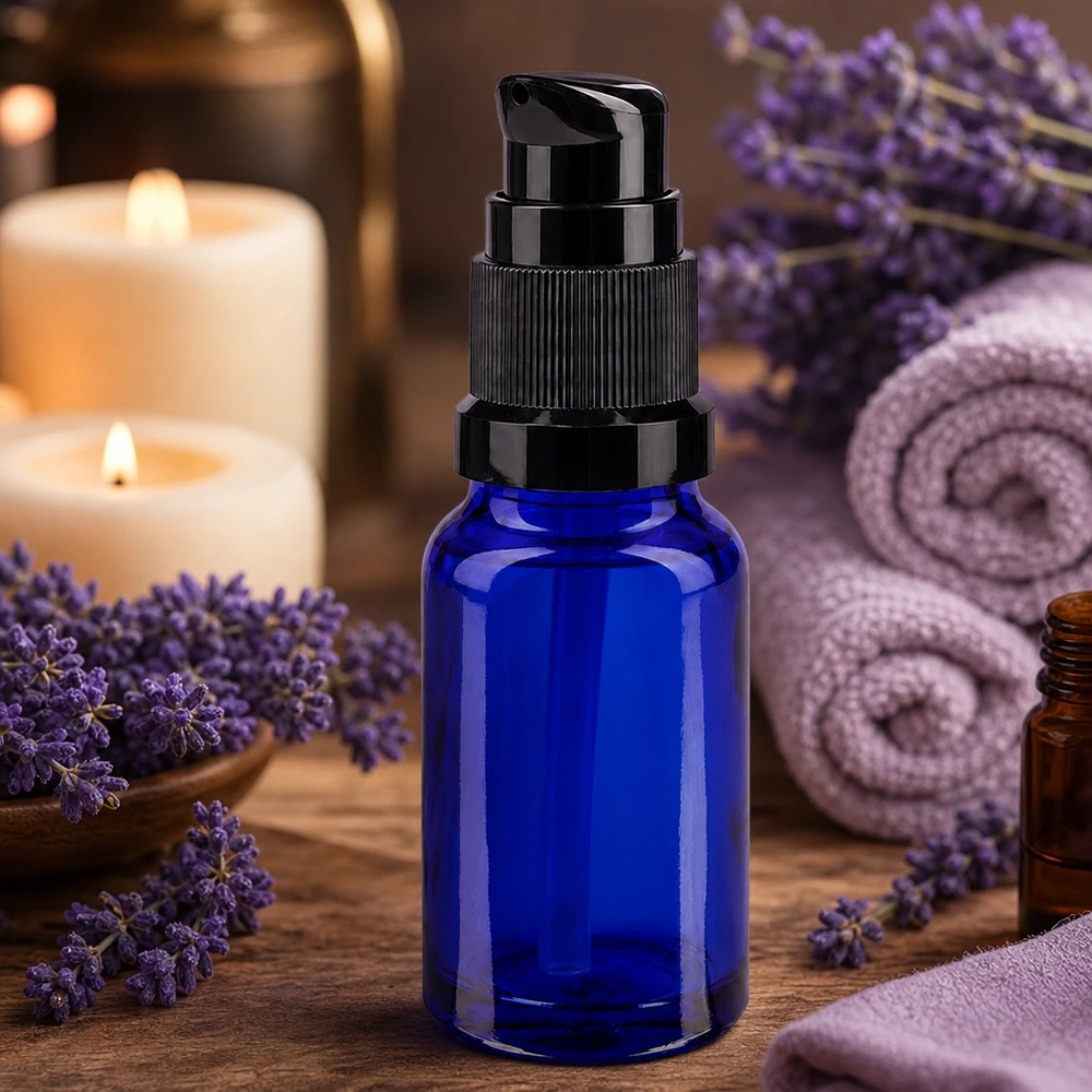 Botella de farmacia azul 10ml tapa de la bomba negro estándar Pequeño frasco azul con dosificador de 10 ml, de cristal de farmacia, con dosificador negro para aceites esenciales