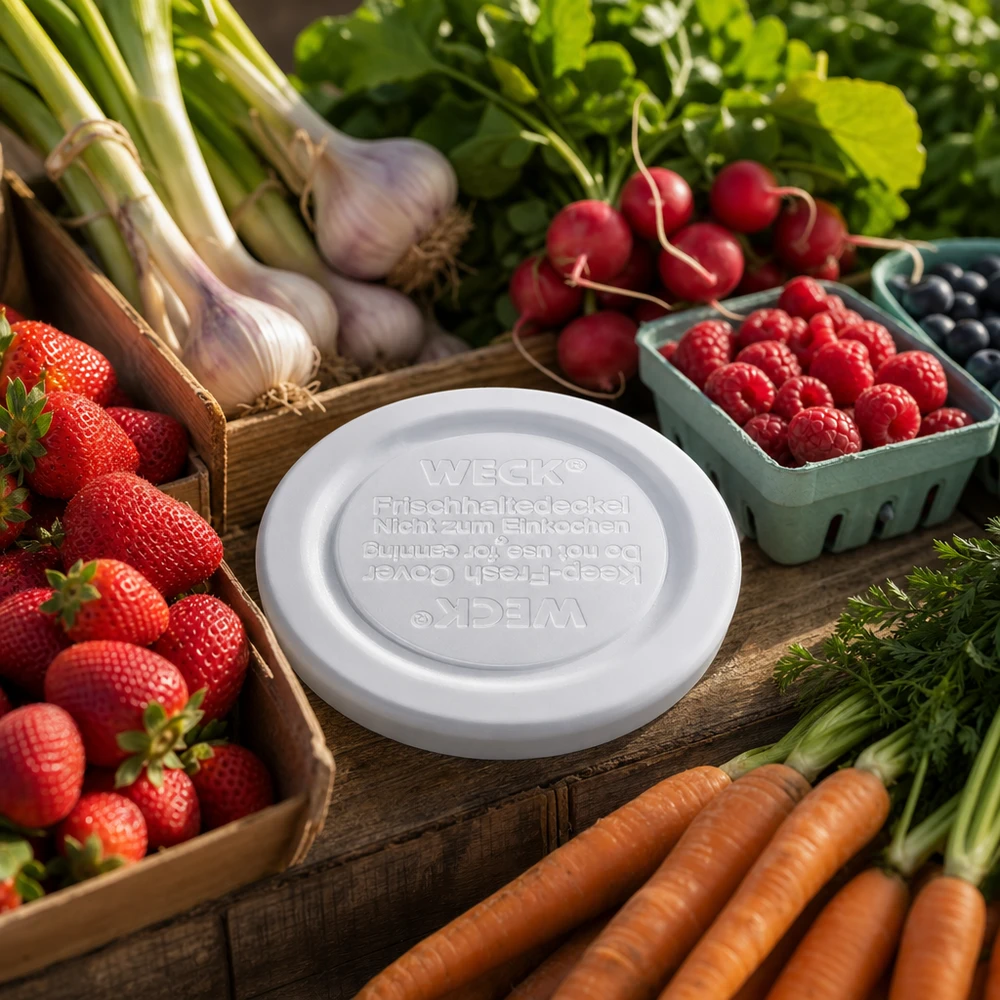 Tapa de conservación WECK RR40 entre verduras frescas y bayas - ideal para guardar desde fresas hasta zanahorias