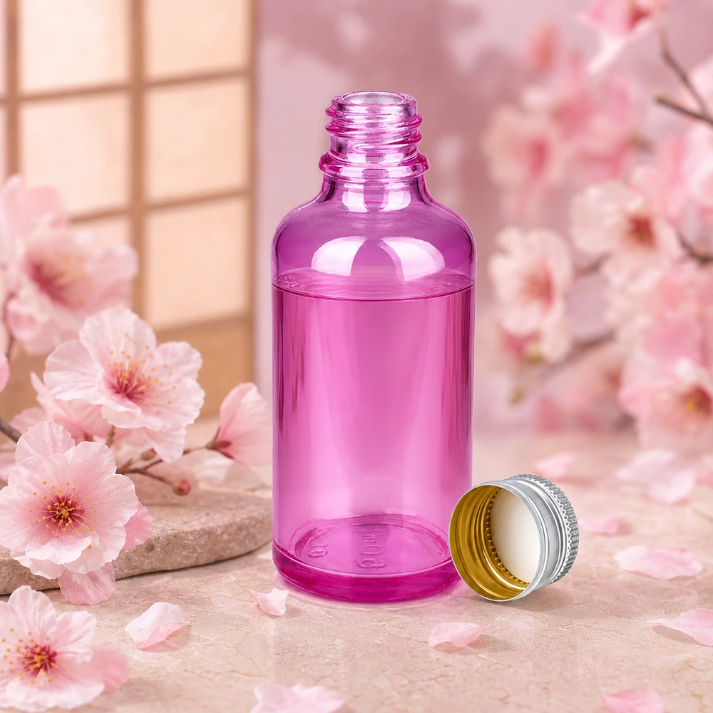 Botella de 50ml 11mm tapón de rosca aluminio-plata estándar PurpleLine.UT18/50 Elegante frasco de 50 ml de vidrio violeta con tapón de aluminio plateado para cosméticos de alta calidad