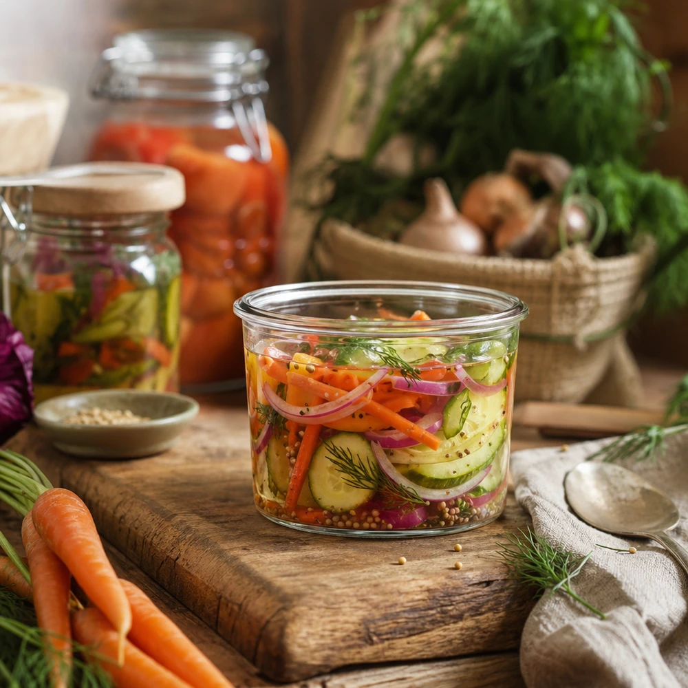 WECK 35ml mason jar con verduras encurtidas sobre tabla de madera, tarro de conserva para fermentación y conservación