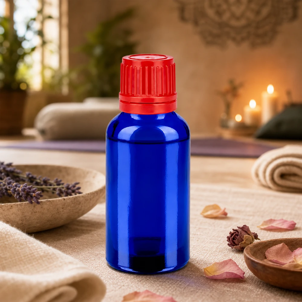Frasco 30ml 11mm tapón rosca rojo con precinto BlueLine UT18/30 Botella de vidrio de 30 ml con protección UV gracias al vidrio azul y al tapón rojo a prueba de niños