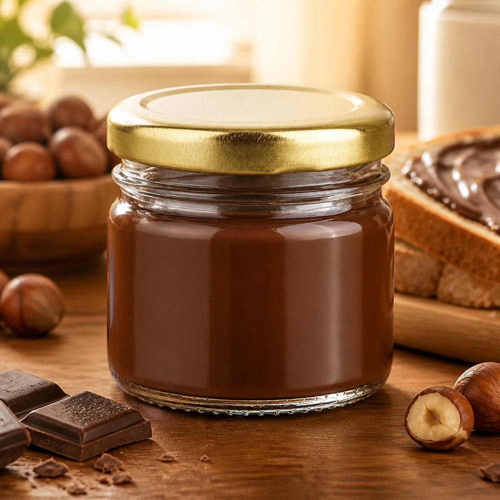 Crema de chocolate en un frasco redondo de cristal de 33 ml con tapa BasicSeal dorada, junto a avellanas y chocolate
