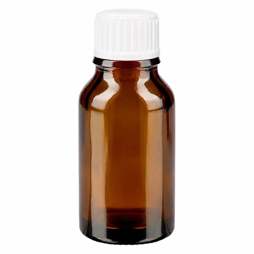Frasco de farmacia de cristal marrón de 30 ml con tapón de rosca blanco estándar de 11 mm