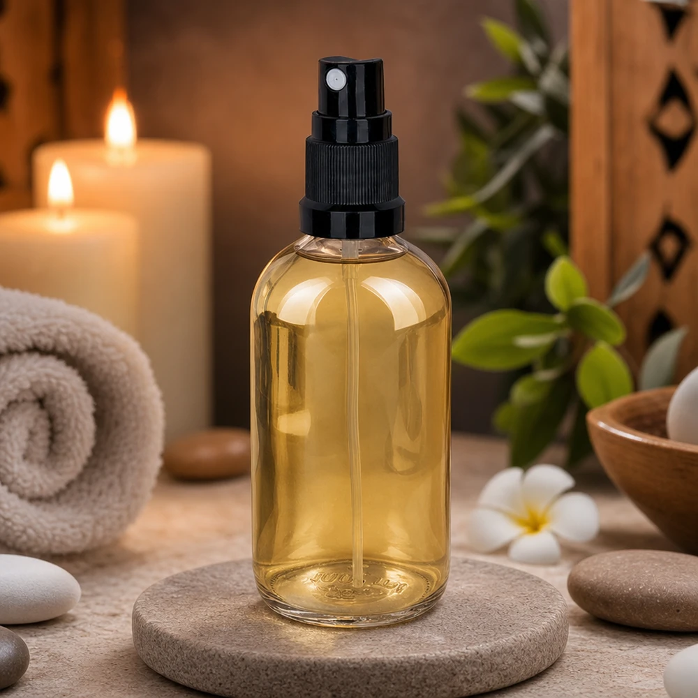 Frasco pulverizador de 100 ml negro con tapón estándar ClearLine UT18/100 Frasco pulverizador de 100 ml de color ámbar UT18/100 sobre piedra natural en un relajante ambiente de spa