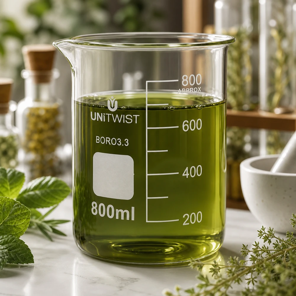 Vaso 800 ml borosilicato, molde bajo UNiTWIST Vaso de cristal UNiTWIST de 800 ml, de borosilicato, de forma baja, con extracto de hierbas verdes y rodeado de hierbas frescas