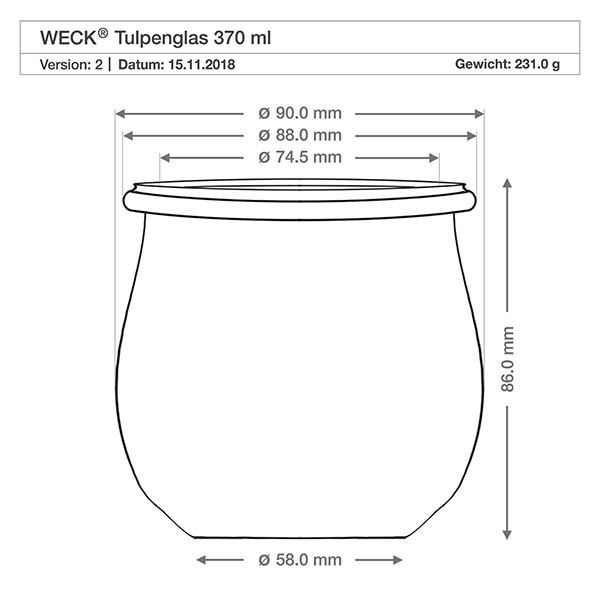 WECK tarro tulipán 370ml RR80 dibujo técnico con dimensiones diámetro altura peso especificaciones