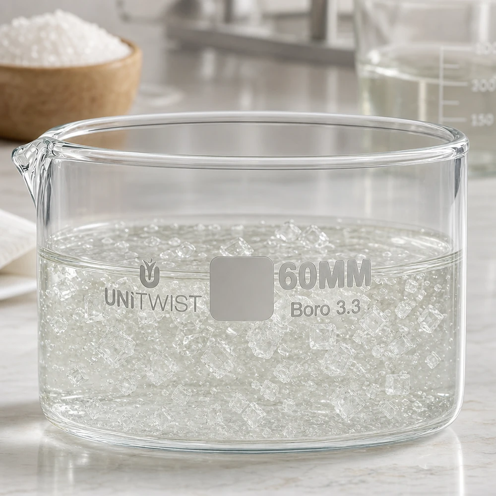 Plato cristalizador ø60mm vidrio borosilicato UNiTWIST Recipiente de cristalización Boro 3.3 UNiTWIST de 60 mm con perlas de gel de sílice hidratadas en agua transparente