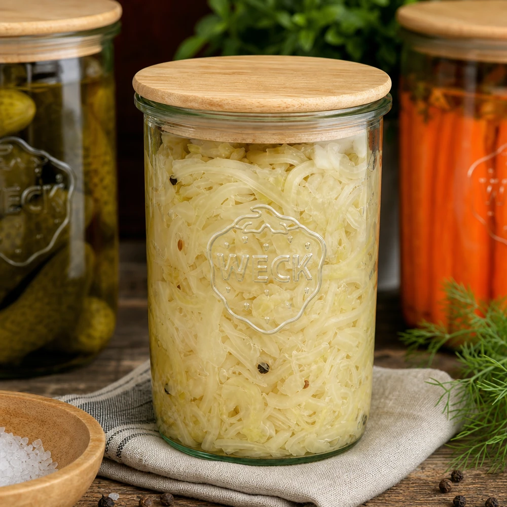 Tarro de conserva WECK 1000ml lleno de chucrut y tapa de madera junto a pepinos y zanahorias en vinagre Fermentación