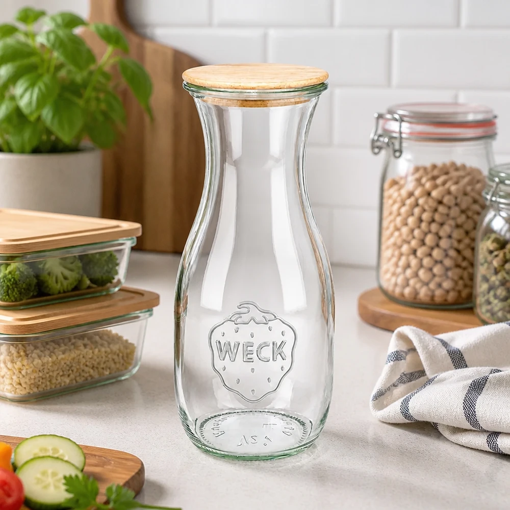 Botella de zumo WECK 530ml RR60 con tapa de madera en cocinas modernas junto a verduras y legumbres como solución de almacenamiento