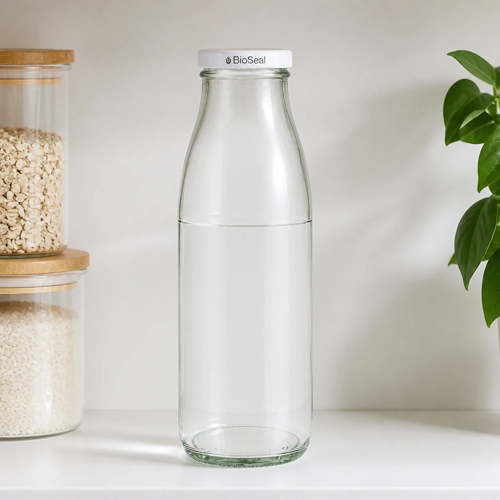 Botella de vidrio de 500 ml con tapón BioSeal en el entorno de la cocina, junto a tarros de almacenaje con muesli y planta verde