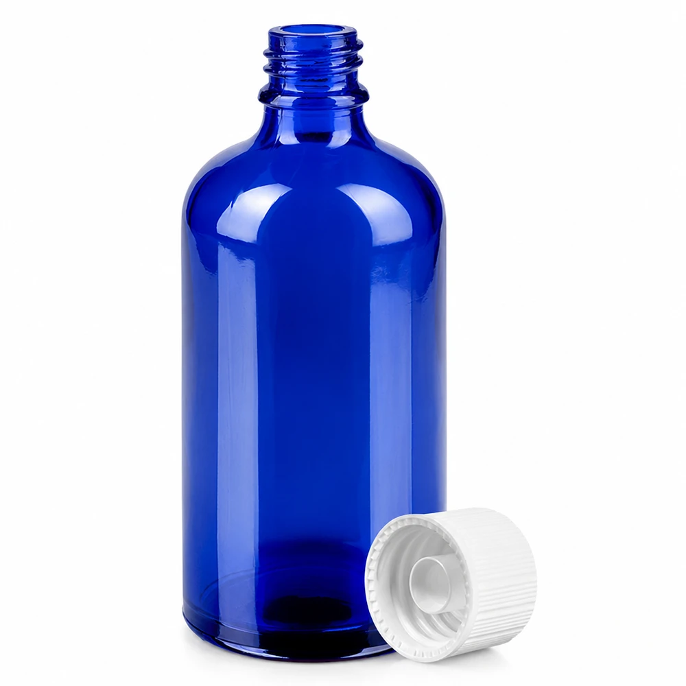 Botella 100ml 11mm tapón rosca blanco Estándar BlueLine UT18/100 Frasco boticario azul cobalto de 100 ml con rosca de 11 mm y tapón blanco para una dosificación precisa