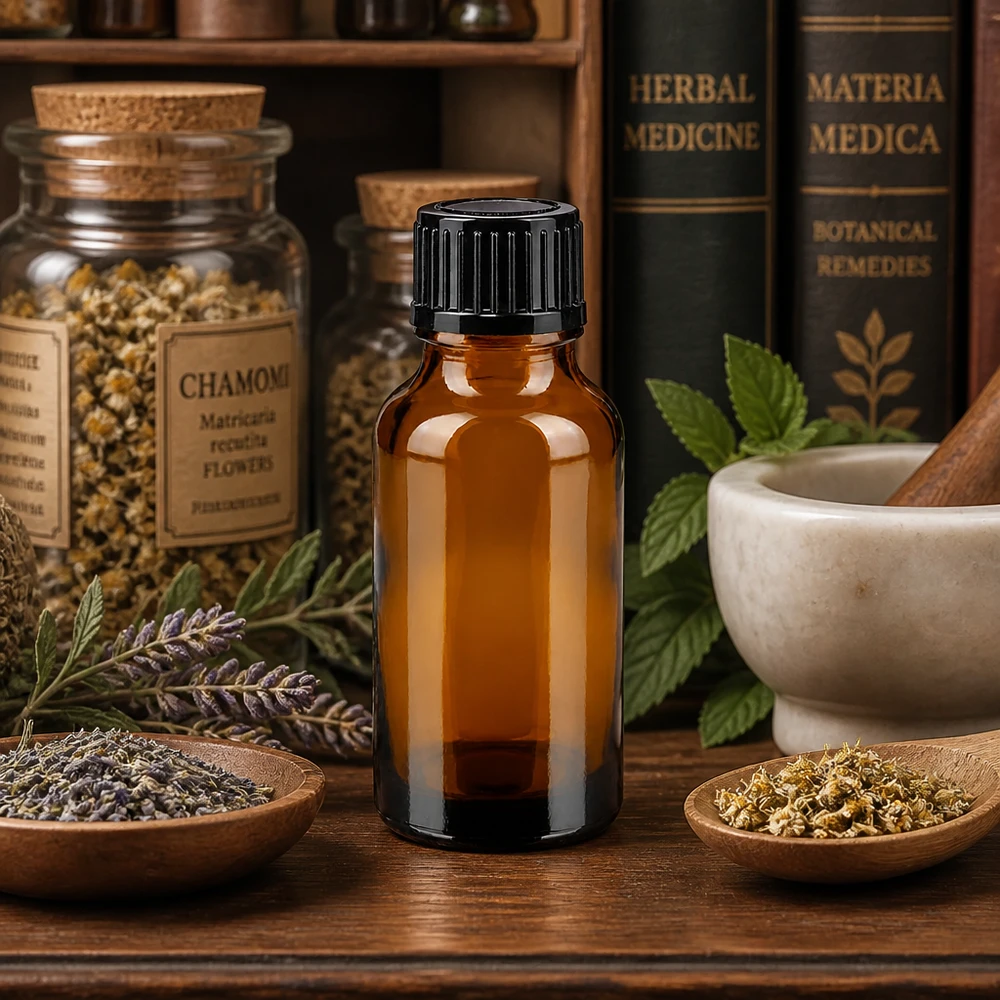 Frasco cuentagotas marrón de 20 ml, de cristal de farmacia, con tapón negro, entre hierbas y plantas medicinales