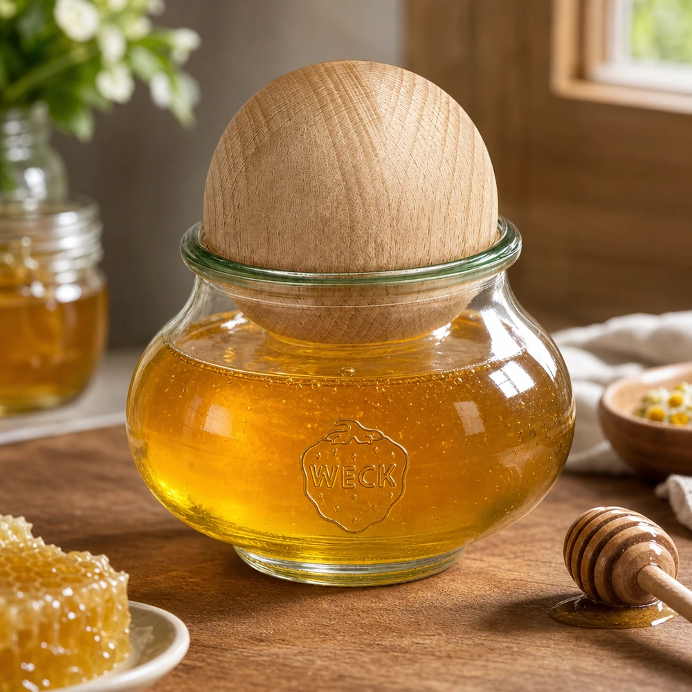 WECK tarro de miel 560ml RR80 bola de haya tapa de madera lleno de miel cuchara de miel panal accesorios de cocina