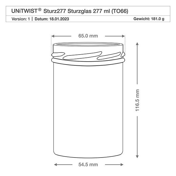 Vasos de 277ml sin tapa (TO66) UNiTWIST UNiTWIST Sturz277 vasos 277ml TO66 con dibujo técnico Dimensiones 65mm diámetro 116.5mm altura Peso 181g