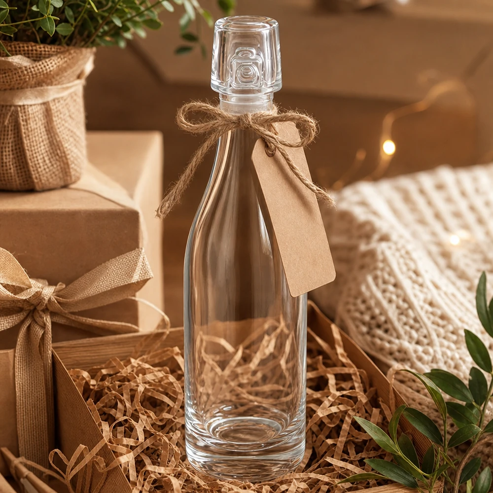 Botella de cristal de 50ml sin tapón basculante UNiTWIST Botella de cristal de 50 ml Caja de regalo UNiTWIST con cordón de yute y etiqueta en caja de regalo con pajita