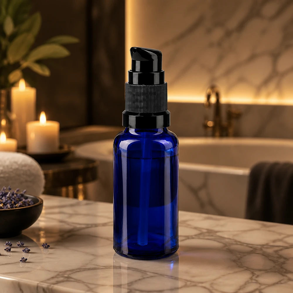 Frasco dosificador de 20 ml de cristal de farmacia azul cobalto con cabezal dosificador negro sobre fondo de mármol