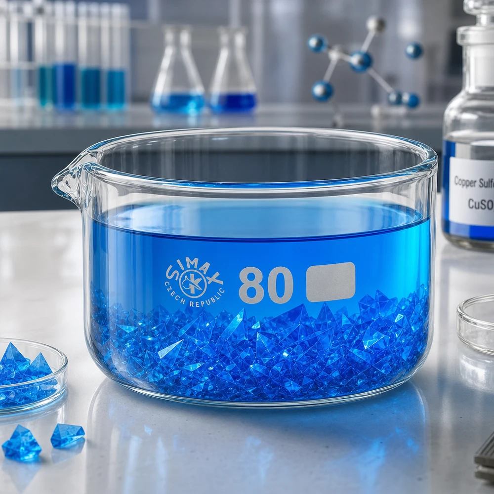 Cubeta de cristalización 150ml con pico borosilicato ø80mm Bandeja de cristalización de 150 ml con cristales azules de sulfato de cobre (CuSO₄) para laboratorio, ø 80 mm