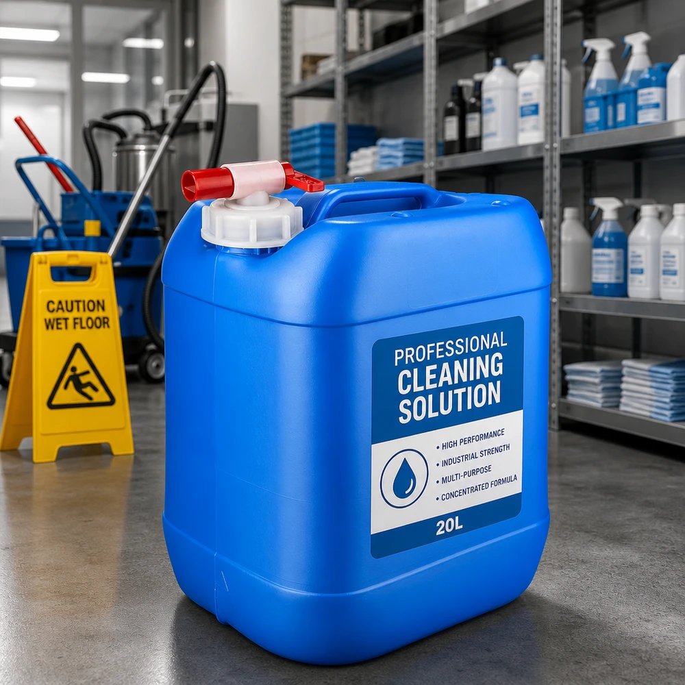 Solución de limpieza profesional en bidón azul de 20 litros con grifo de salida, disponible en el almacén de productos de limpieza