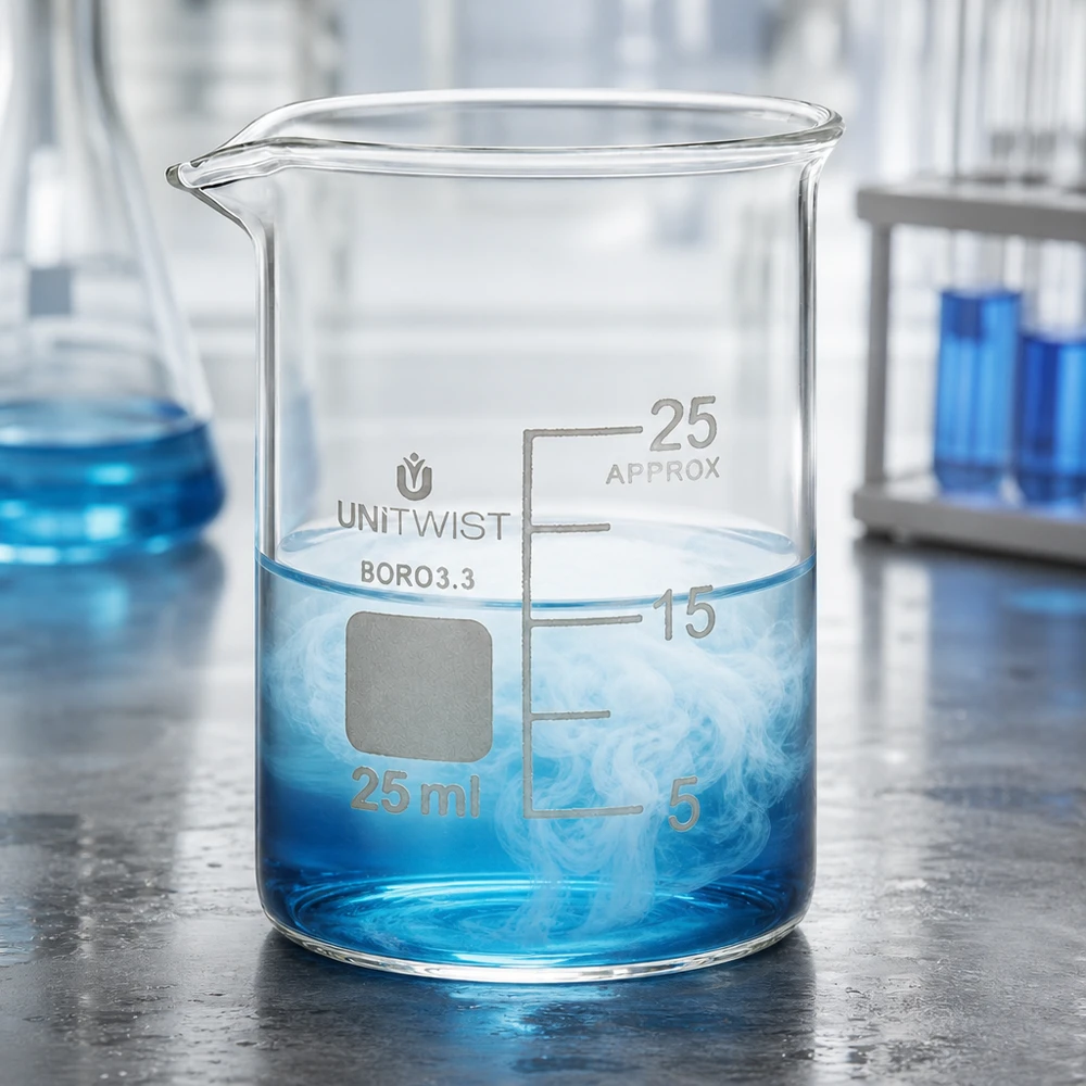 Vaso de precipitados de borosilicato transparente de 25 ml con un líquido azul y formación de vapor en el laboratorio