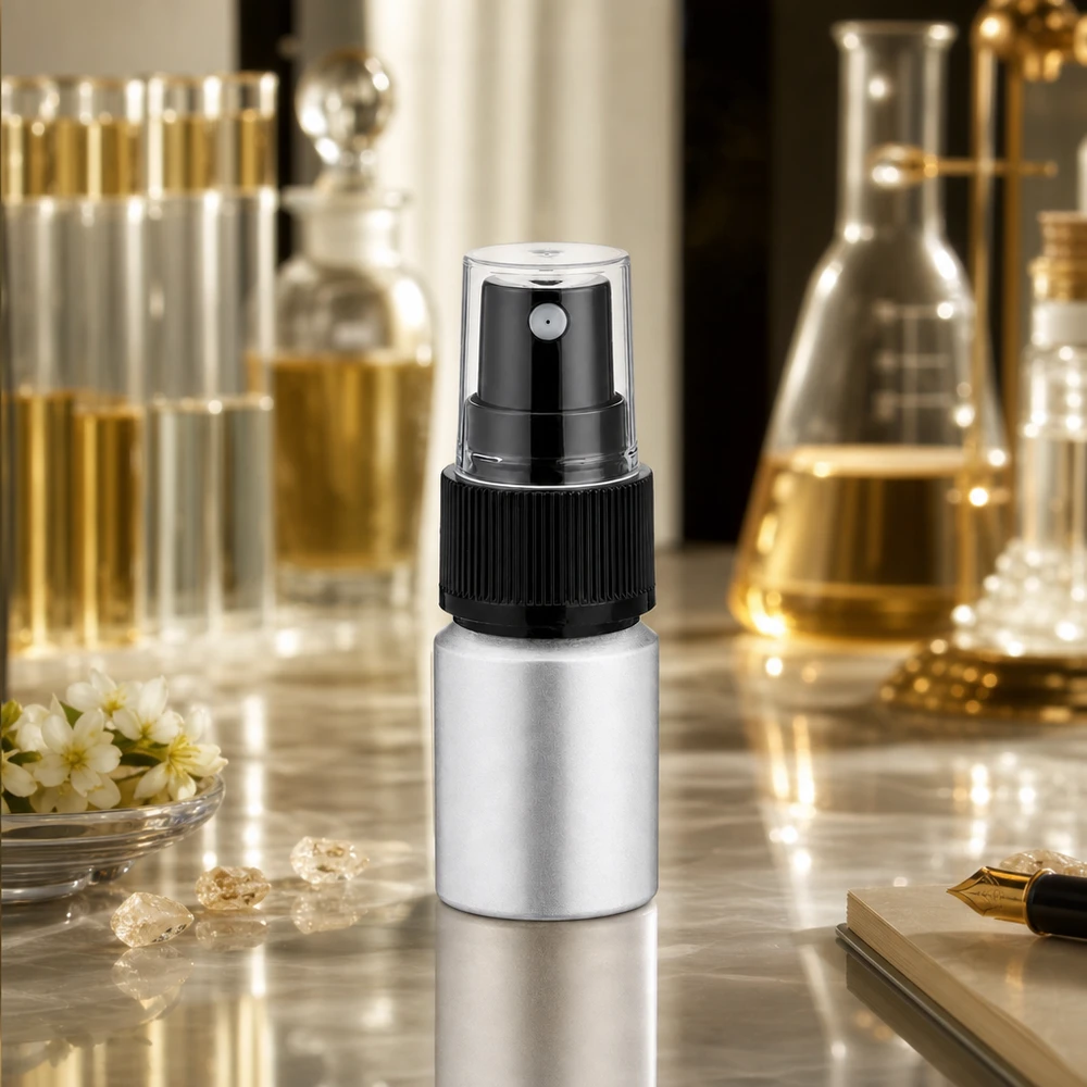 Práctico frasco de aluminio de 10 ml con cabezal pulverizador negro para cosméticos y perfumes para llevar contigo